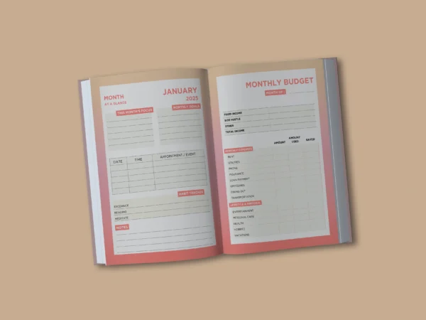 The 2025 Planner is your stylish companion for organizing today and achieving tomorrow. Perfect for dreamers who plan, it offers space for goals, daily tasks, and monthly reflections in a beautiful gradient design. 2025 Planner